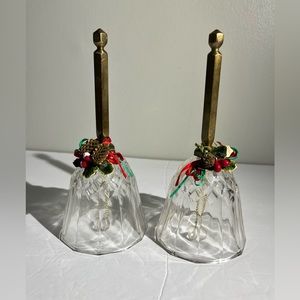 Vintage GLASS BELL W/ BRASS HANDLE Diamond Pattern Hand Bell~ Wedding Dinner 7”.